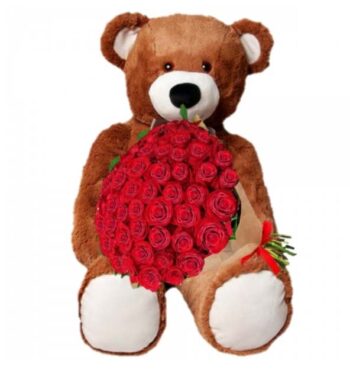 Urso Grande e Buque de 100 Rosas